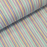 Cotton Print perfect for making shirts, dresses, lightweight trousers and skirts. Multi coloured stripe cotton with crinkle finish. Sold @ Fabric Focus.