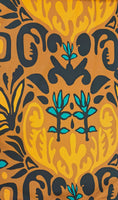 Beautiful terracotta cotton in a over-sized tribal print picked out in black, orange and turquoise. Very Striking! Available to buy at Fabric Focus Edinburgh.