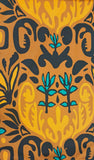 Beautiful terracotta cotton in a over-sized tribal print picked out in black, orange and turquoise. Very Striking! Available to buy at Fabric Focus Edinburgh.