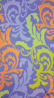 Polyester with lilac background and gold and orange oversized 'plumes'. Available to buy in half metre increments at Fabric Focus.