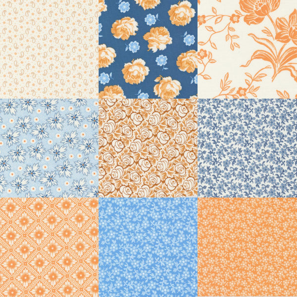 Fat Quarter Bundles.
Each fat quarter measures approx 50cm x 56cm. This collection features the orange and blue collection, Denim & Daisies for Moda.