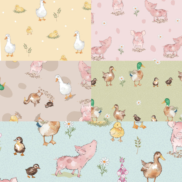 Fat Quarter Bundles. Each fat quarter measures approx 50cm x 56cm.
This collection from Susan Wheeler features Farmyard Friends, pigs, ducks, geese.