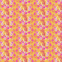 Shades of pink flowers on orange background, part of the Memories collection from MakowerUK. Sold in quarter metre increments at Fabric Focus