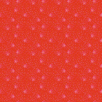 'Exploding' Stars on a scarlet red background, part of the Memories collection from MakowerUK. Sold in quarter metre increments at Fabric Focus