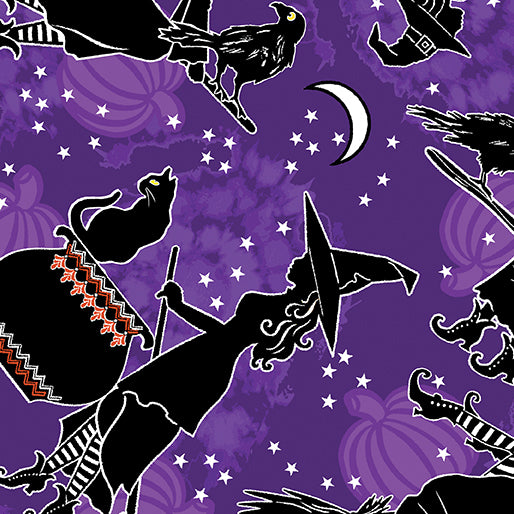Halloween-themed pattern with black silhouettes of witches and pumpkins on a purple background.
