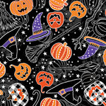 Halloween-themed pattern with pumpkins, witch hats, brooms, and ghosts on a black background.