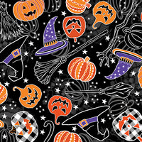 Halloween-themed pattern with pumpkins, witch hats, brooms, and ghosts on a black background.
