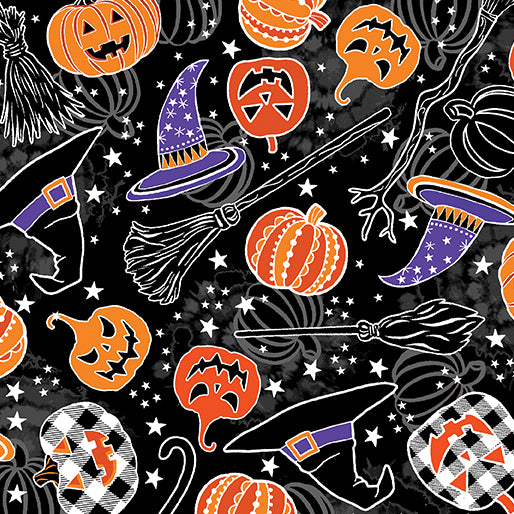 Halloween-themed pattern with pumpkins, witch hats, brooms, and ghosts on a black background.