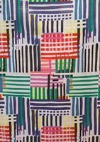 Colourful modern print of stripes in bright funky colours on a white background perfect for Spring/Summer maxi dresses or wide legged trousers! Sold in half metre increments at Fabric Focus.