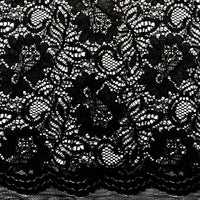 Tocca Lace  is an exquisite corded lace fabric with a pretty scallop along both edges. The colours available in this range are simply stunning and will be perfect to make a statement piece for a wedding, special occasion and evening wear. In the classic black colourway. Available to buy in half metre increments.
