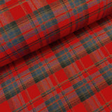 Red tartan plaid fabric with blue and beige stripes, shown folded to display its texture and pattern.