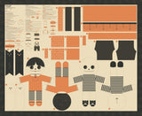 Paper doll set with black and orange clothing pieces on a beige background