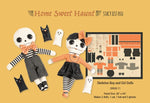 Skeleton boy and girl dolls with craft panel on a yellow background, featuring 'Home Sweet Haunt' branding.