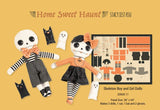 Skeleton boy and girl dolls with craft panel on a yellow background, featuring 'Home Sweet Haunt' branding.