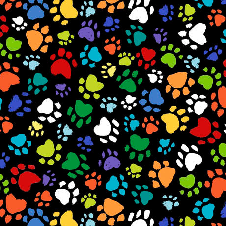  Cat Chat collection of multi coloured paw prints on a black background.  Available to buy in quarter metre increments at Fabric Focus.