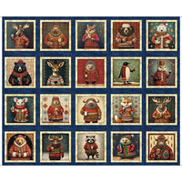 Looking dapper in their Christmas sweaters, and drinks in paws, a menagerie of friends appear in a lots of fun design layouts. Designed from the Morris Design Group. Panel measures 36" (90 cm) and has 16 8" vignettes. Available at Fabric Focus Edinburgh.