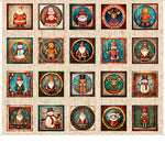 Grid of small festive illustrations including Santa Claus, snowmen, and reindeer on a textured background.