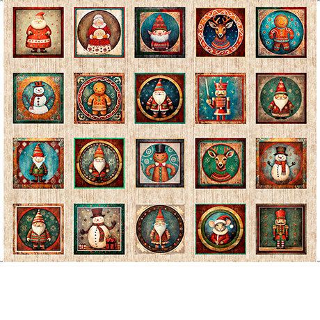 Grid of small festive illustrations including Santa Claus, snowmen, and reindeer on a textured background.