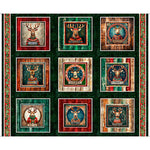 Patchwork design with framed images of deer in various poses on a green background.