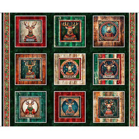 Patchwork design with framed images of deer in various poses on a green background.