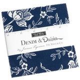 Fabric bundle of 42 5-inch squares of the collection Denim & Daisies by Fig Tree for Moda. Available to buy in store and online at Fabric Focus Edinburgh.