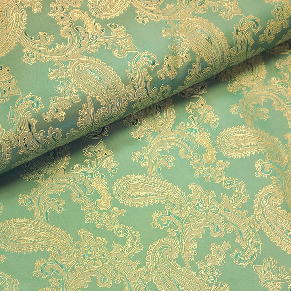 Fantastic quality paisley design lining fabric in beautiful shades, this being the lime green / gold colourway. Available at Fabric Focus Edinburgh.