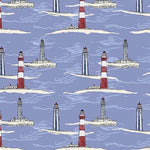 Inspired by oceans and marine life, Katy Hackney of Hackney and Co skillfully created Sea and Shore. This collection is an ode to life on the coast with lighthouses in a serene shoreline palette of cornflower blue. Available in quarter metre increments at Fabric Focus Edinburgh.
