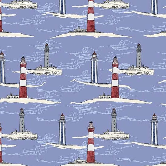 Inspired by oceans and marine life, Katy Hackney of Hackney and Co skillfully created Sea and Shore. This collection is an ode to life on the coast with lighthouses in a serene shoreline palette of cornflower blue. Available in quarter metre increments at Fabric Focus Edinburgh.