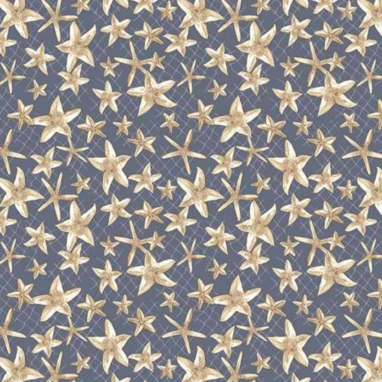 Inspired by oceans and marine life, Katy Hackney of Hackney and Co skillfully created Sea and Shore. This collection is an ode to life on the coast with starfish in a serene shoreline palette of cream and slate. Available in quarter metre increments at Fabric Focus Edinburgh.