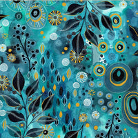 Ebb & Flow is a gorgeous new collection of teals, turquoise and black with metallic accents. This being the Enchanted design featuring leaves and circles.  Sold in quarter metre increments.