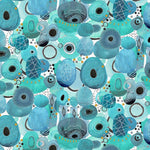 Ebb & Flow is a gorgeous new collection of teals, turquoise and black with metallic accents. This being the Genesis print of different sizes of circles in shades of turquoise and teal with metallic gold accents.  Sold in quarter metre increments at Fabric Focus.