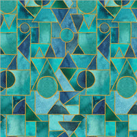 Ebb & Flow is a gorgeous new collection of teals, turquoise and black with metallic accents. This being the geometric Sea Glass design featuring circles and triangles of colour.  Sold in quarter metre increments.