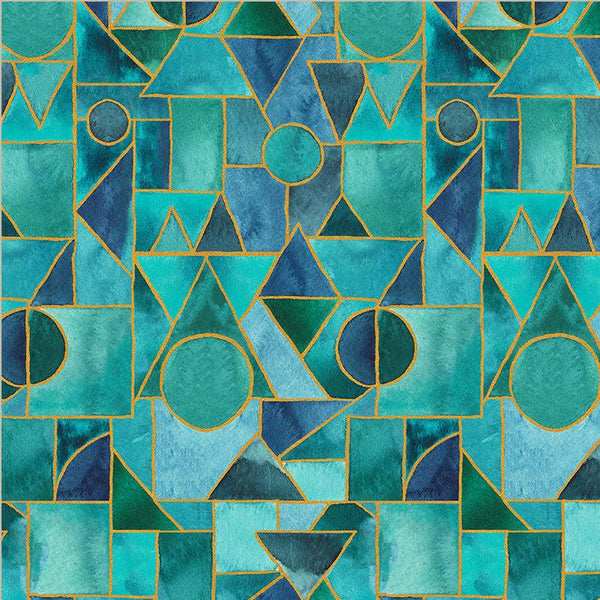 Ebb & Flow is a gorgeous new collection of teals, turquoise and black with metallic accents. This being the geometric Sea Glass design featuring circles and triangles of colour.  Sold in quarter metre increments.