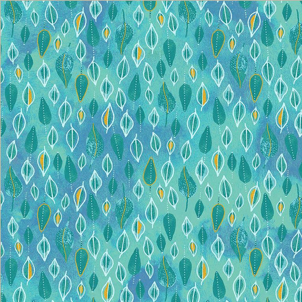 Ebb & Flow is a gorgeous new collection of teals, turquoise and black with metallic accents. This being the Trickle print of leaves of colour picked out with gold .  Sold in quarter metre increments.