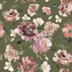 Modern with a vintage feel cotton print with pink and lilac flowers on an olive green background! Great for an autumnal shirt or dress! Sold in half metre increments at Fabric Focus.