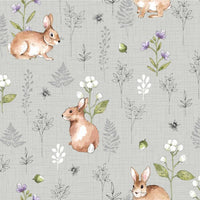 This cute range of cottons is called 'Woodland'. Cute little forest animals and floral and fauna. Cute butterflies on a grey background. Available to buy in quarter metre increments as well as a fat quarter bundle available from Fabric Focus Edinburgh.