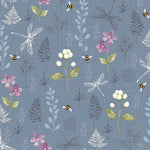 This cute range of cottons is called 'Woodland'. Cute little forest animals and floral and fauna. Fluttering dragonflies on a blue background. Available to buy in quarter metre increments as well as a fat quarter bundle available from Fabric Focus Edinburgh.