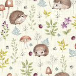 This cute range of cottons is called 'Woodland'. Cute little forest animals and floral and fauna. Little hedgehogs on a cream background. Available to buy in quarter metre increments as well as a fat quarter bundle available from Fabric Focus Edinburgh.