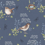 This cute range of cottons is called 'Woodland'. Cute little forest animals and floral and fauna. Little Thrush birds on a navy blue background. Available to buy in quarter metre increments as well as a fat quarter bundle available from Fabric Focus Edinburgh.