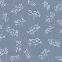 This cute range of cottons is called 'Woodland'. Cute little forest animals and floral and fauna. Cow Parsley  on a blue background. Available to buy in quarter metre increments as well as a fat quarter bundle available from Fabric Focus Edinburgh.