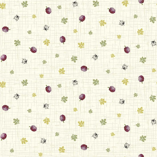 This cute range of cottons is called 'Woodland'. Cute little forest animals and floral and fauna. Raspberries and leaves on a cream background. Available to buy in quarter metre increments as well as a fat quarter bundle available from Fabric Focus Edinburgh.