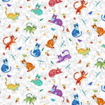 Add a touch of charm and fun to your next project with the Scatter Cool Cats on white cotton fabric. Sold by Fabric Focus Edinburgh in quarter metre increments.