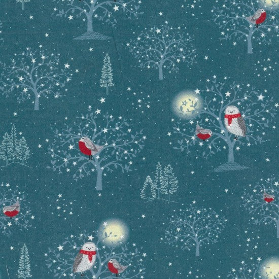 Pattern of owls and birds in a forest with stars on a blue background