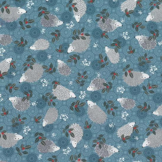 Pattern of hedgehogs, holly leaves, and berries on a blue background