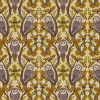 Patterned fabric with owls and leaves on a beige background