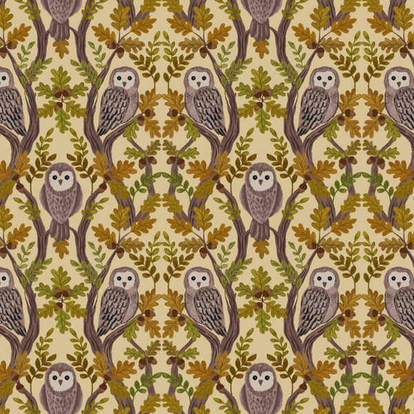 Patterned fabric with owls and leaves on a beige background