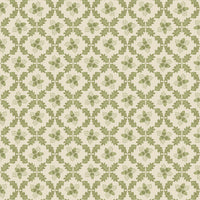 Patterned cotton fabric with green leaf trellis on a beige background