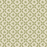 Patterned cotton fabric with green leaf trellis on a beige background