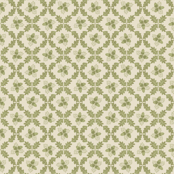 Patterned cotton fabric with green leaf trellis on a beige background