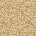 Patterned cotton with owls and foxes and leaves on a beige background
